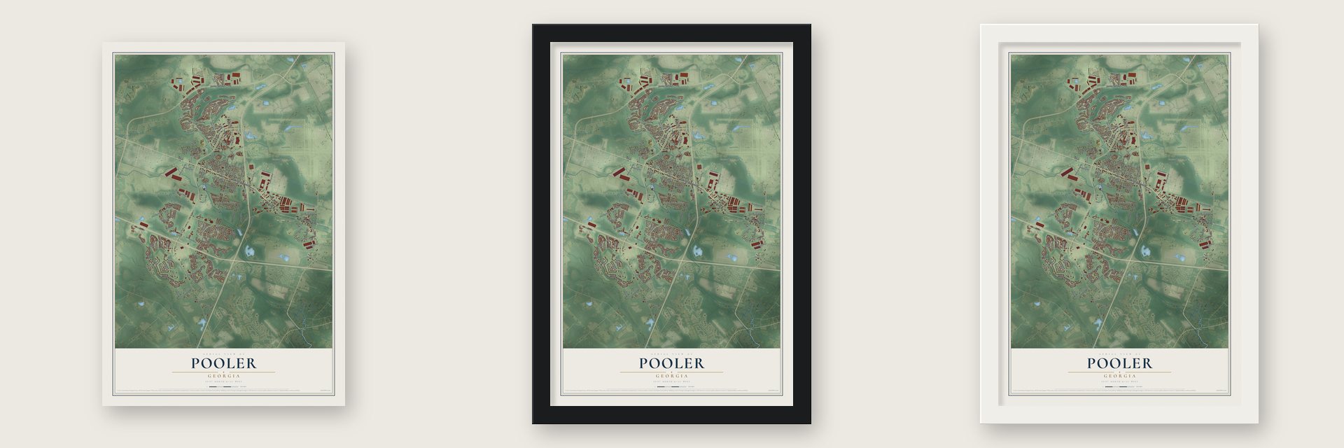 Pooler, Georgia map unframed, in a black wood frame and in a white wood frame