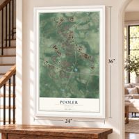 Pooler, Georgia map, 24 x 36 inch print in a white frame by a staircase