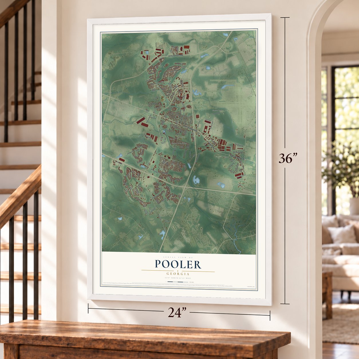 Pooler, Georgia map, 24 x 36 inch print in a white frame by a staircase
