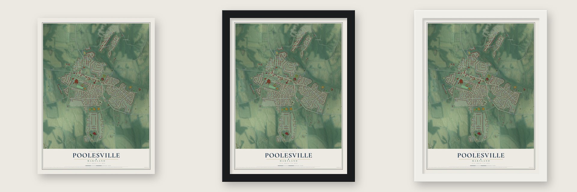 Poolesville, Maryland map unframed, in a black wood frame and in a white wood frame