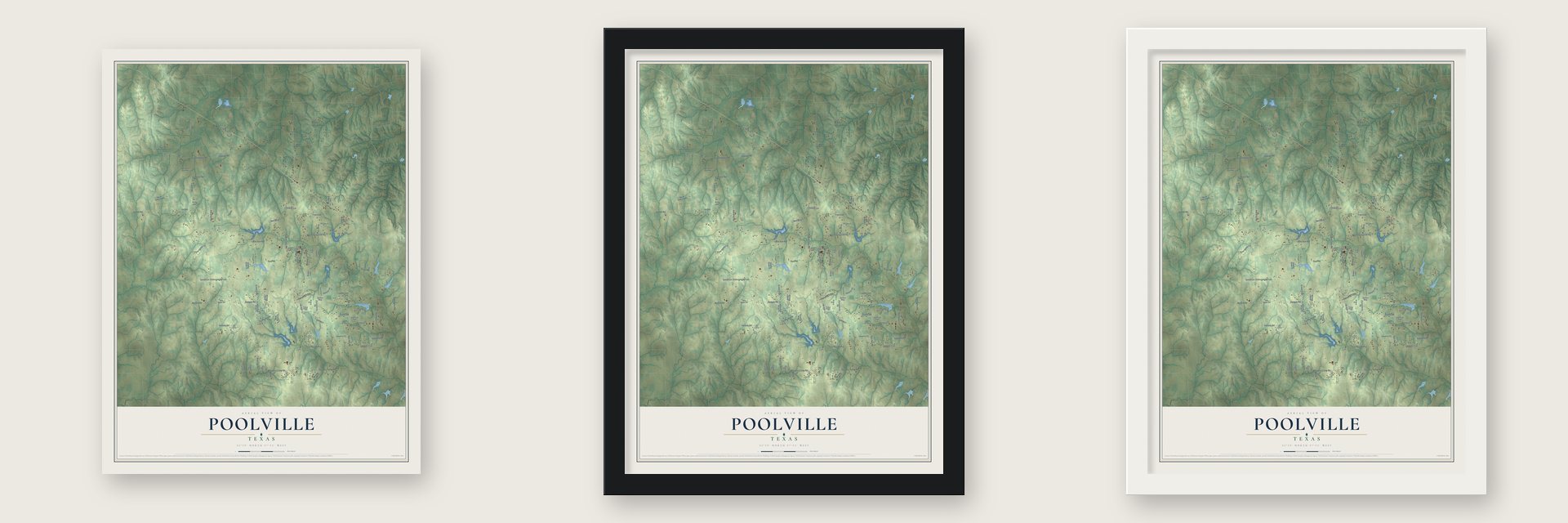 Poolville, Texas map unframed, in a black wood frame and in a white wood frame