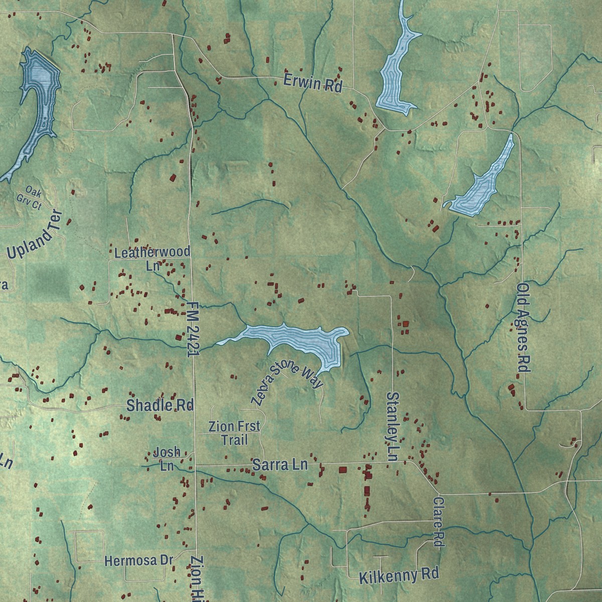 Second close-up of the map of Poolville, Texas print showing more streets and buildings