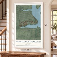 Poospatuck Reservation, New York map, 24 x 36 inch print in a white frame by a staircase