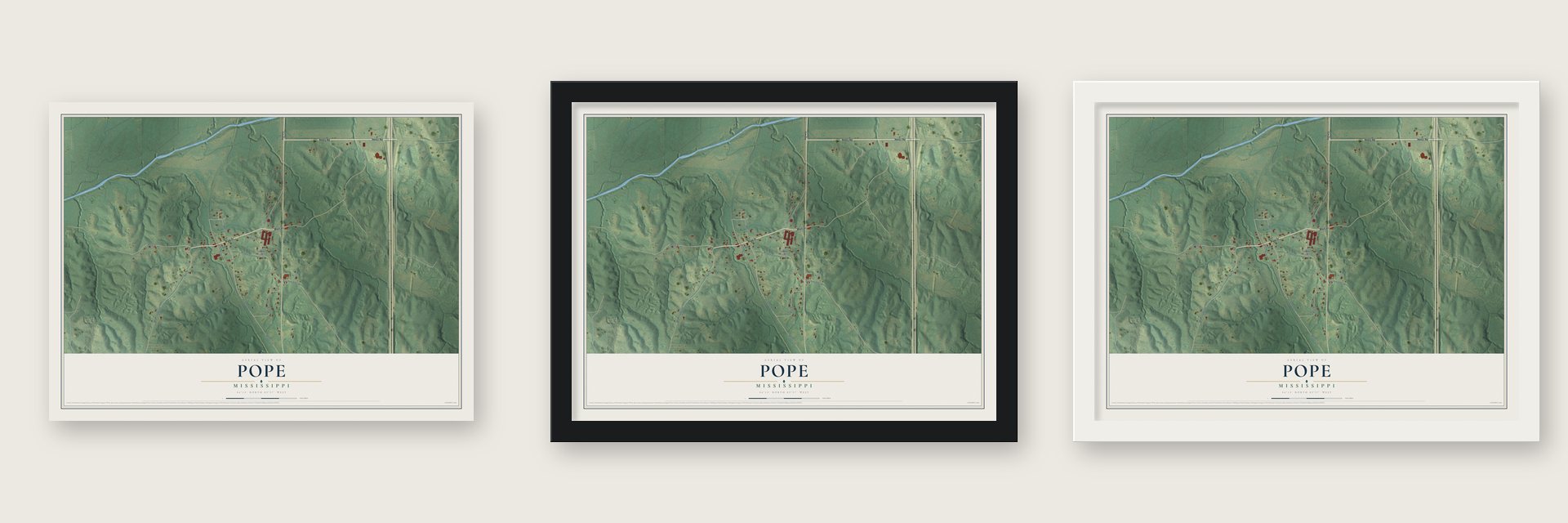 Pope, Mississippi map unframed, in a black wood frame and in a white wood frame
