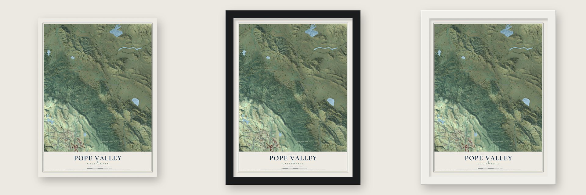 Pope Valley, California map unframed, in a black wood frame and in a white wood frame