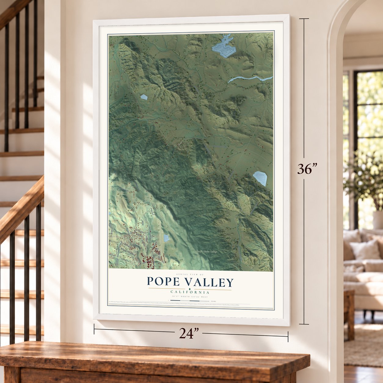 Pope Valley, California map, 24 x 36 inch print in a white frame by a staircase