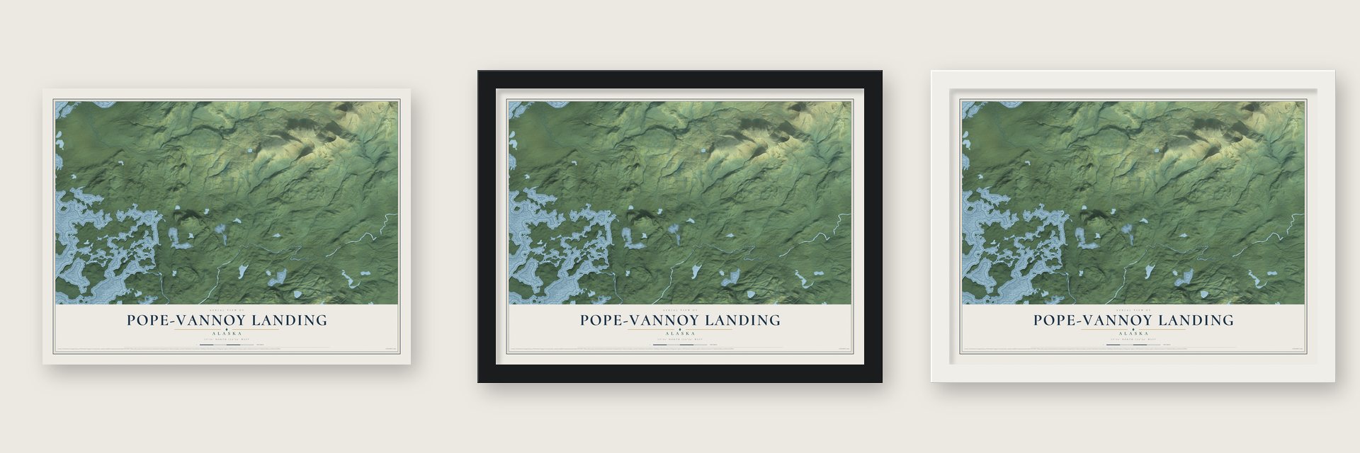 Pope-Vannoy Landing, Alaska map unframed, in a black wood frame and in a white wood frame