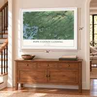Pope-Vannoy Landing, Alaska map, 24 x 36 inch print in a white frame above a dresser by a staircase