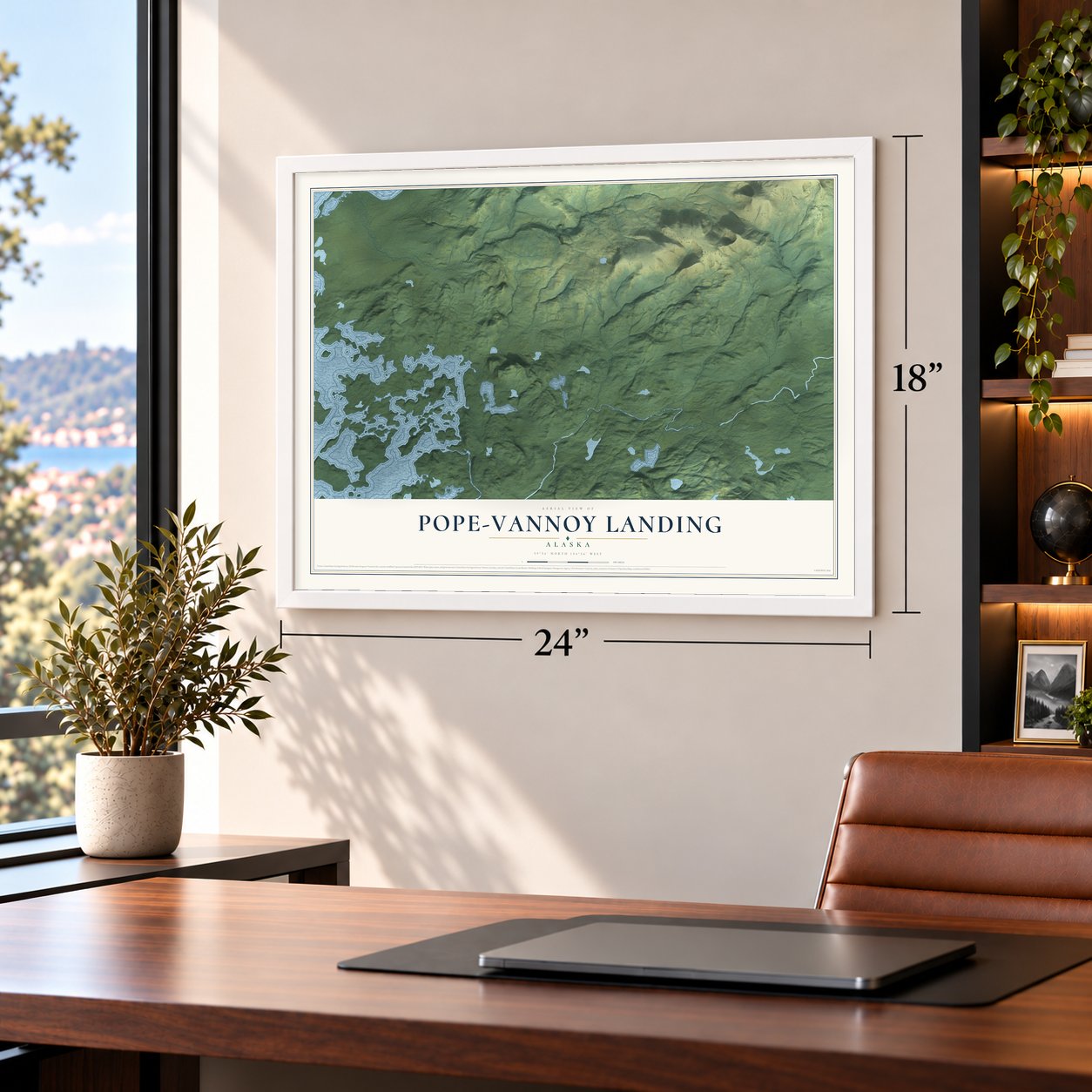 Pope-Vannoy Landing, Alaska map, 18 x 24 inch print in a white frame in a home office