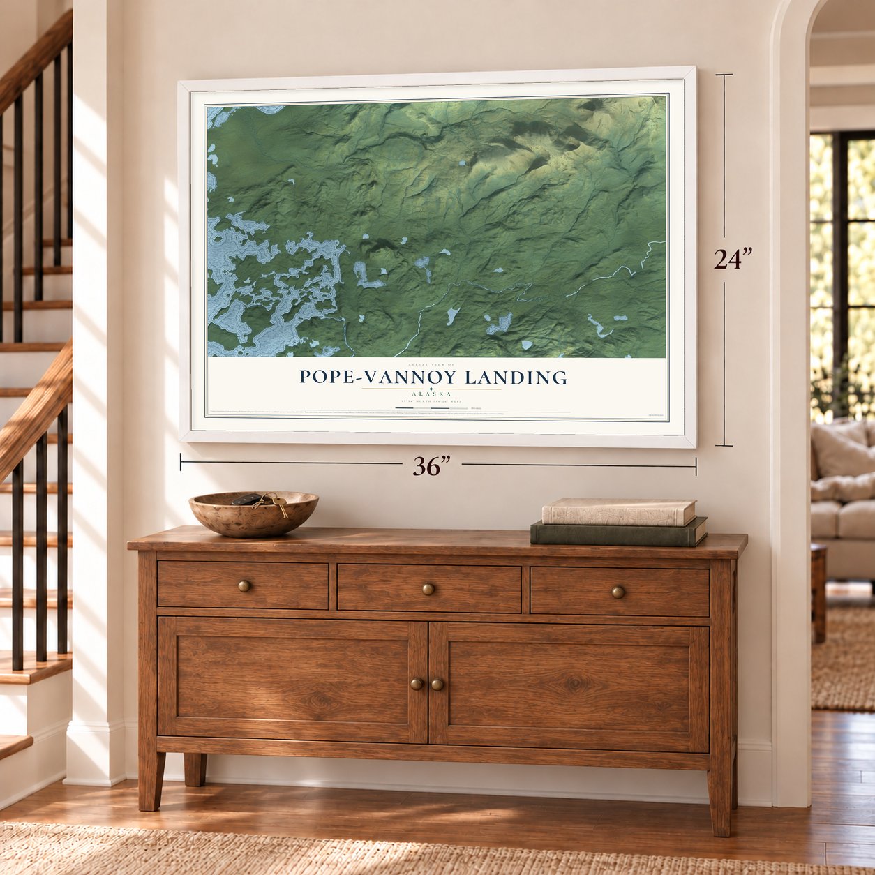 Pope-Vannoy Landing, Alaska map, 24 x 36 inch print in a white frame above a dresser by a staircase