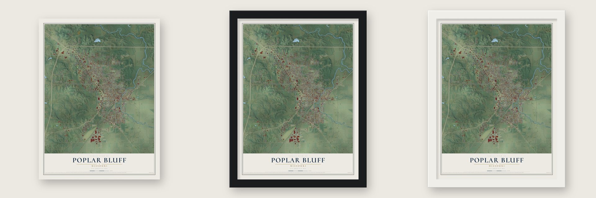 Poplar Bluff, Missouri map unframed, in a black wood frame and in a white wood frame