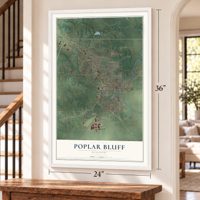 Poplar Bluff, Missouri map, 24 x 36 inch print in a white frame by a staircase