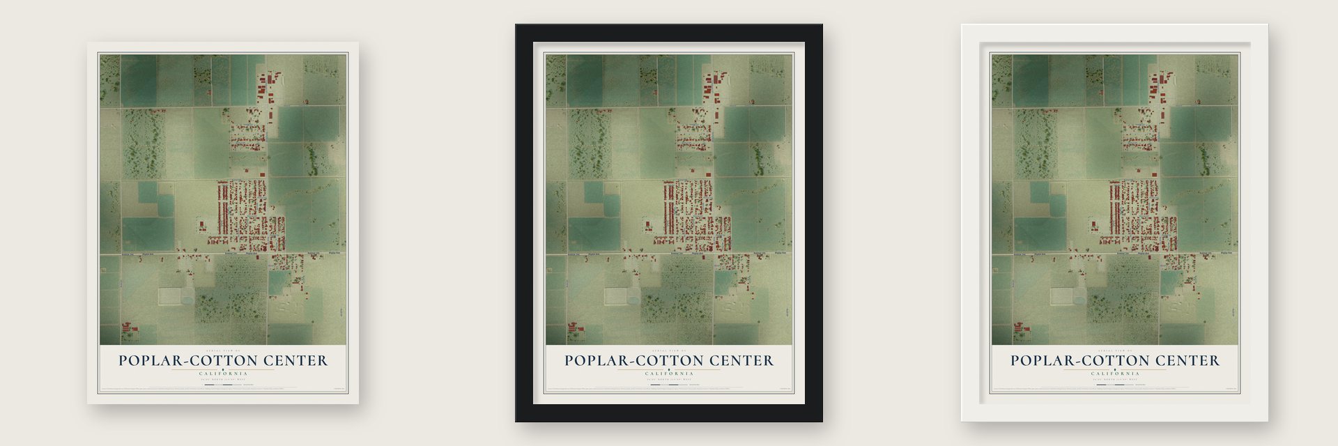 Poplar-Cotton Center, California map unframed, in a black wood frame and in a white wood frame