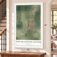 Poplar-Cotton Center, California map, 24 x 36 inch print in a white frame by a staircase