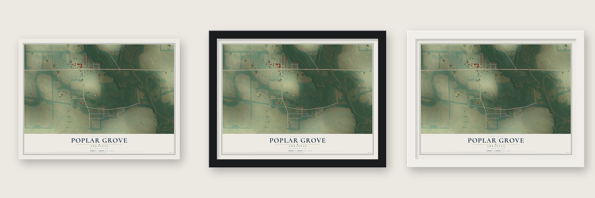Poplar Grove, Arkansas map unframed, in a black wood frame and in a white wood frame