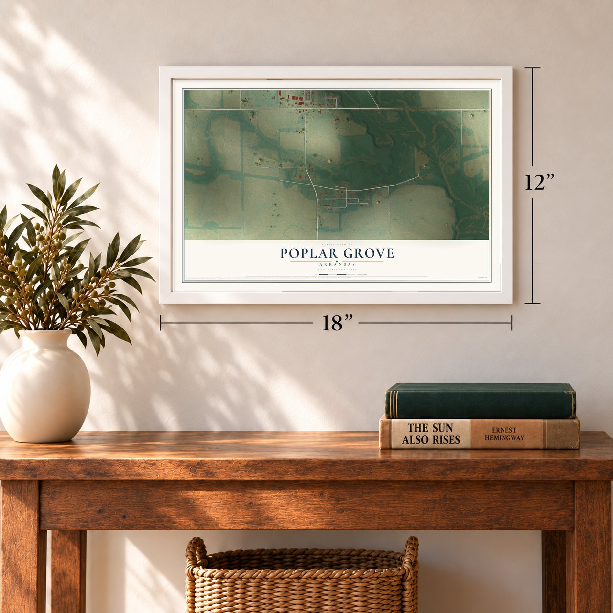 Poplar Grove, Arkansas map, 12 x 18 inch print in a white frame in an entryway