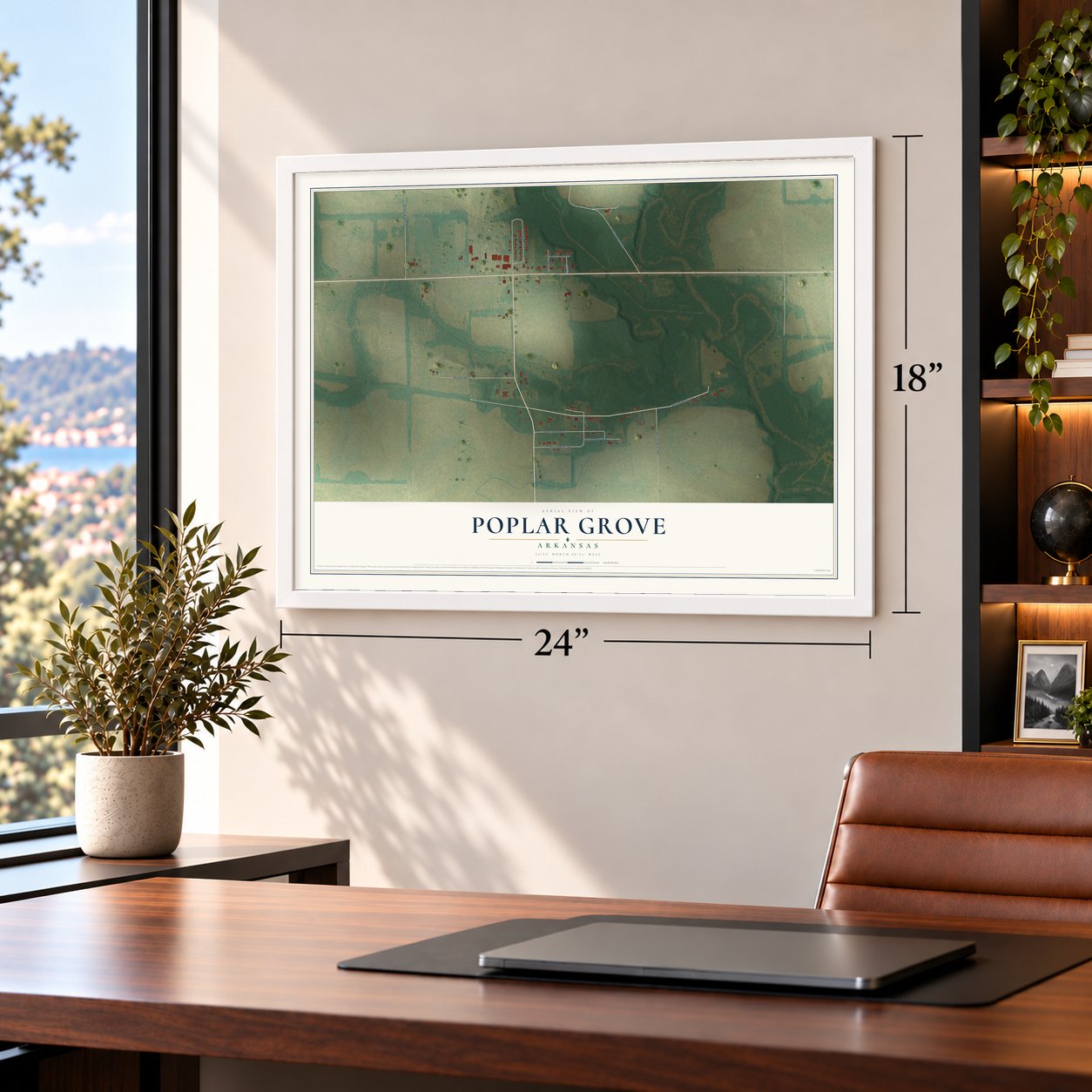 Poplar Grove, Arkansas map, 18 x 24 inch print in a white frame in a home office