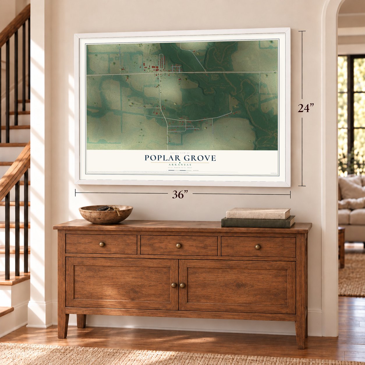 Poplar Grove, Arkansas map, 24 x 36 inch print in a white frame above a dresser by a staircase