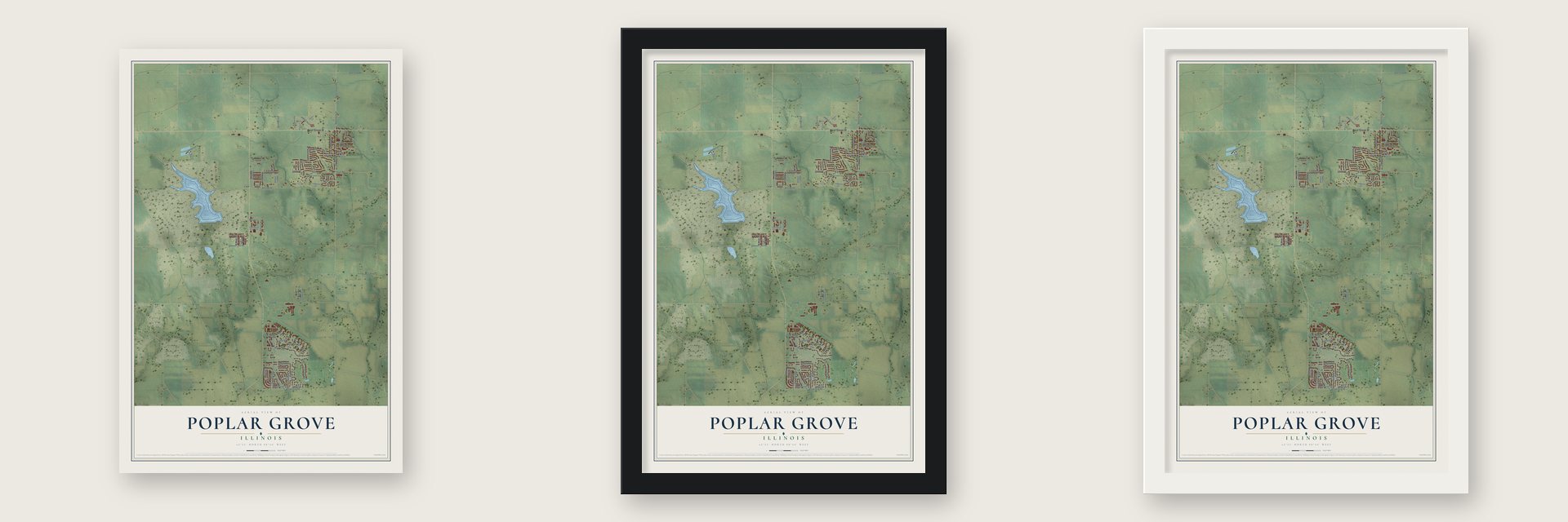 Poplar Grove, Illinois map unframed, in a black wood frame and in a white wood frame