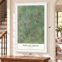 Poplar Grove, Illinois map, 24 x 36 inch print in a white frame by a staircase
