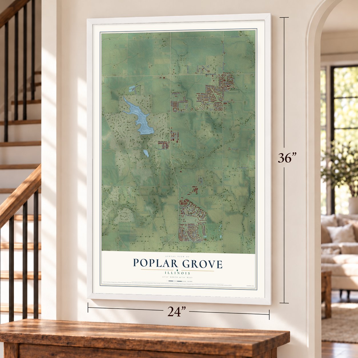 Poplar Grove, Illinois map, 24 x 36 inch print in a white frame by a staircase