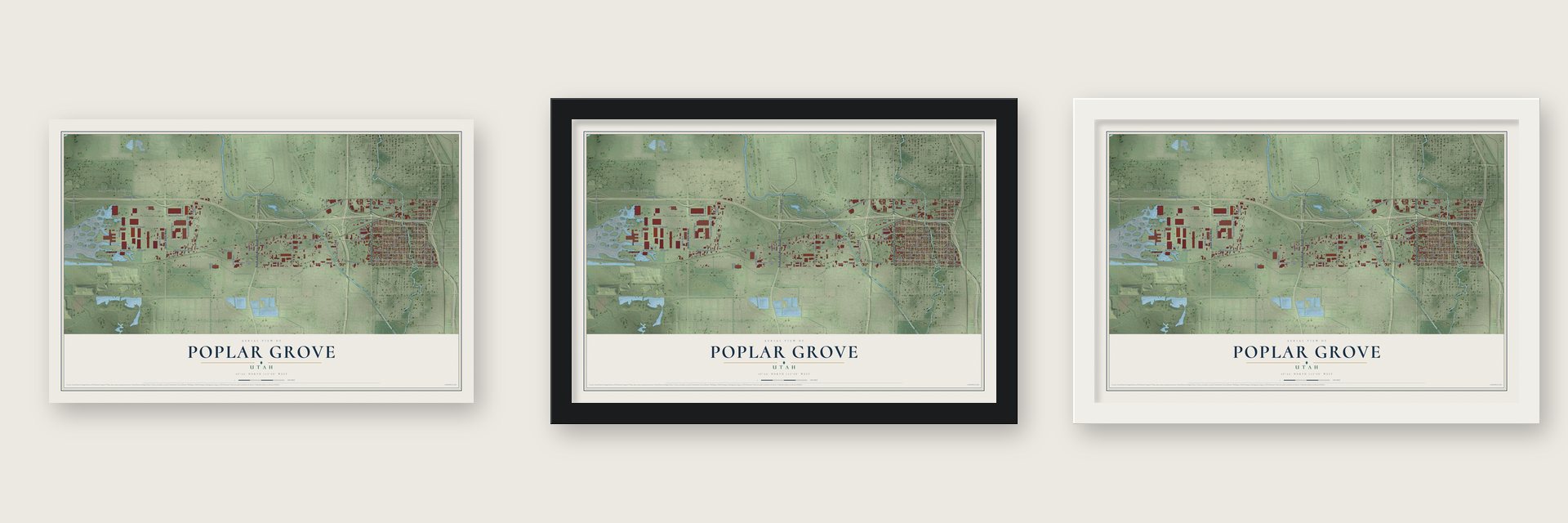 Poplar Grove, Utah map unframed, in a black wood frame and in a white wood frame