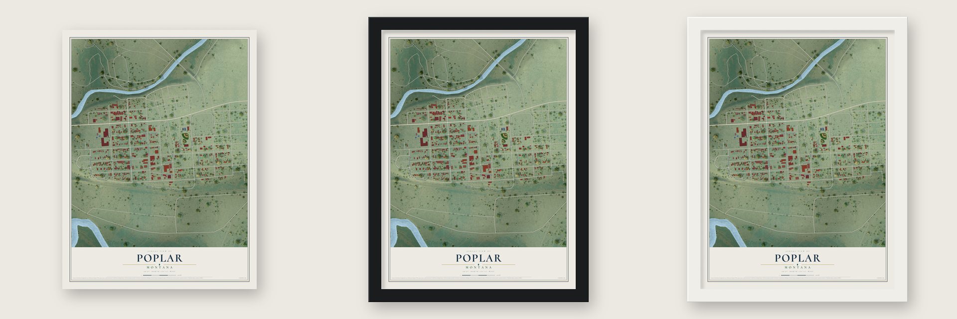 Poplar, Montana map unframed, in a black wood frame and in a white wood frame