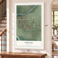 Poplar, Montana map, 24 x 36 inch print in a white frame by a staircase