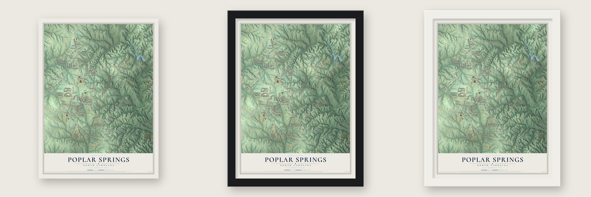 Poplar Springs, North Carolina map unframed, in a black wood frame and in a white wood frame