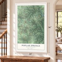 Poplar Springs, North Carolina map, 24 x 36 inch print in a white frame by a staircase