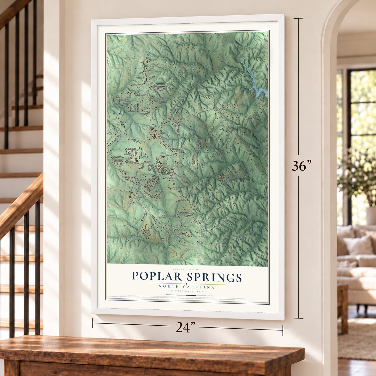 Poplar Springs, North Carolina map, 24 x 36 inch print in a white frame by a staircase