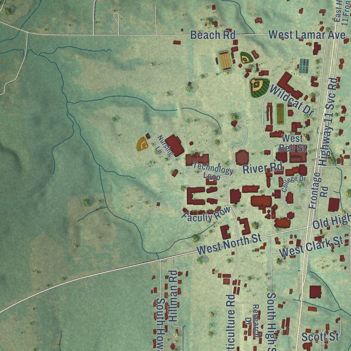 Second close-up of the map of Poplarville, Mississippi print showing more streets and buildings