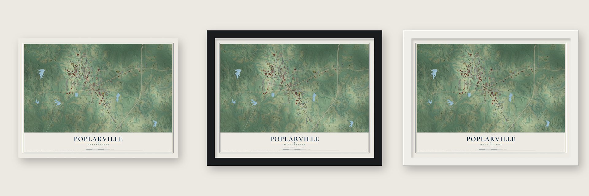 Poplarville, Mississippi map unframed, in a black wood frame and in a white wood frame