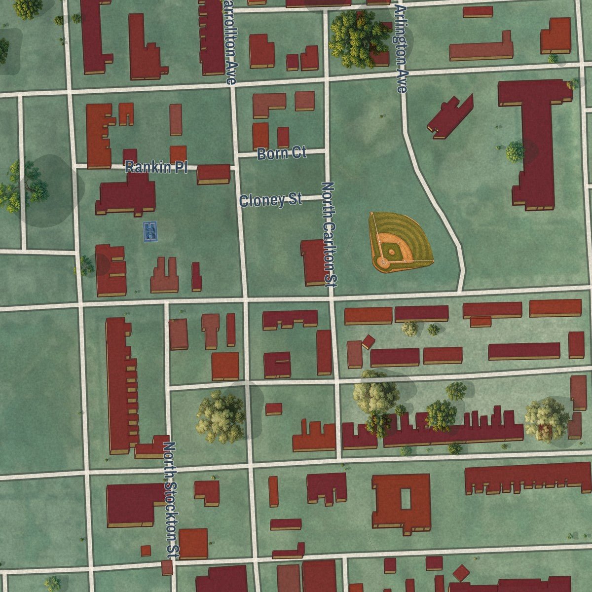 Second close-up of the map of Poppleton, Maryland print showing more streets and buildings