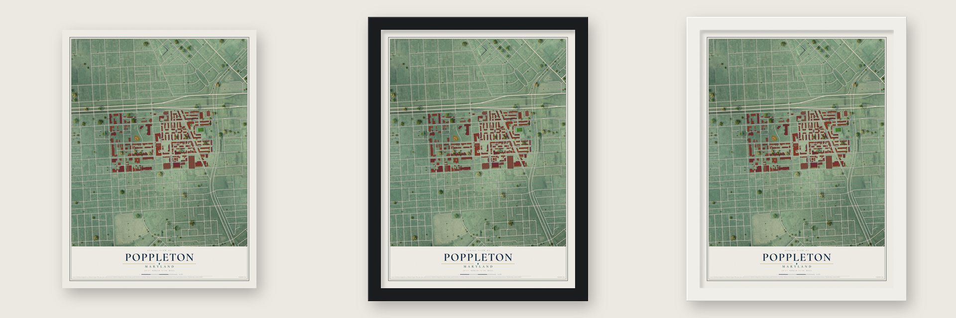 Poppleton, Maryland map unframed, in a black wood frame and in a white wood frame