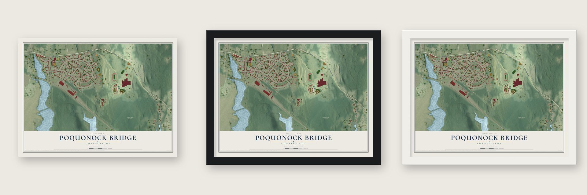 Poquonock Bridge, Connecticut map unframed, in a black wood frame and in a white wood frame