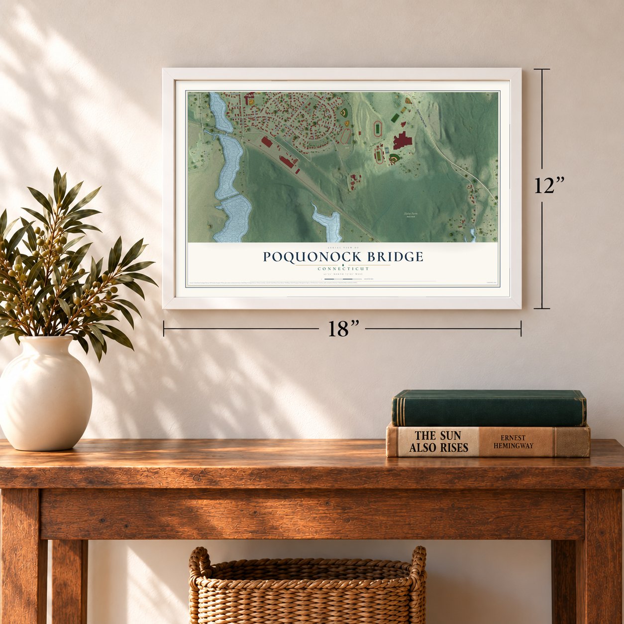 Poquonock Bridge, Connecticut map, 12 x 18 inch print in a white frame in an entryway