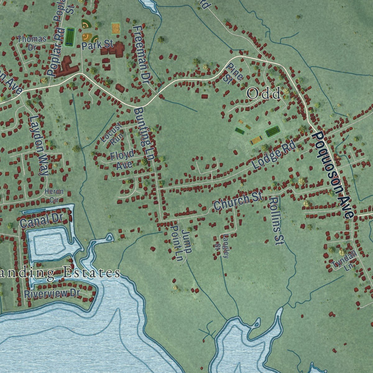 Second close-up of the map of Poquoson, Virginia print showing more streets and buildings