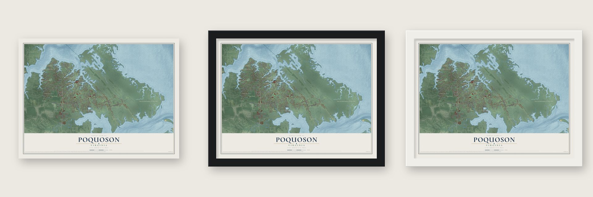 Poquoson, Virginia map unframed, in a black wood frame and in a white wood frame