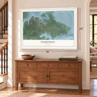 Poquoson, Virginia map, 24 x 36 inch print in a white frame above a dresser by a staircase