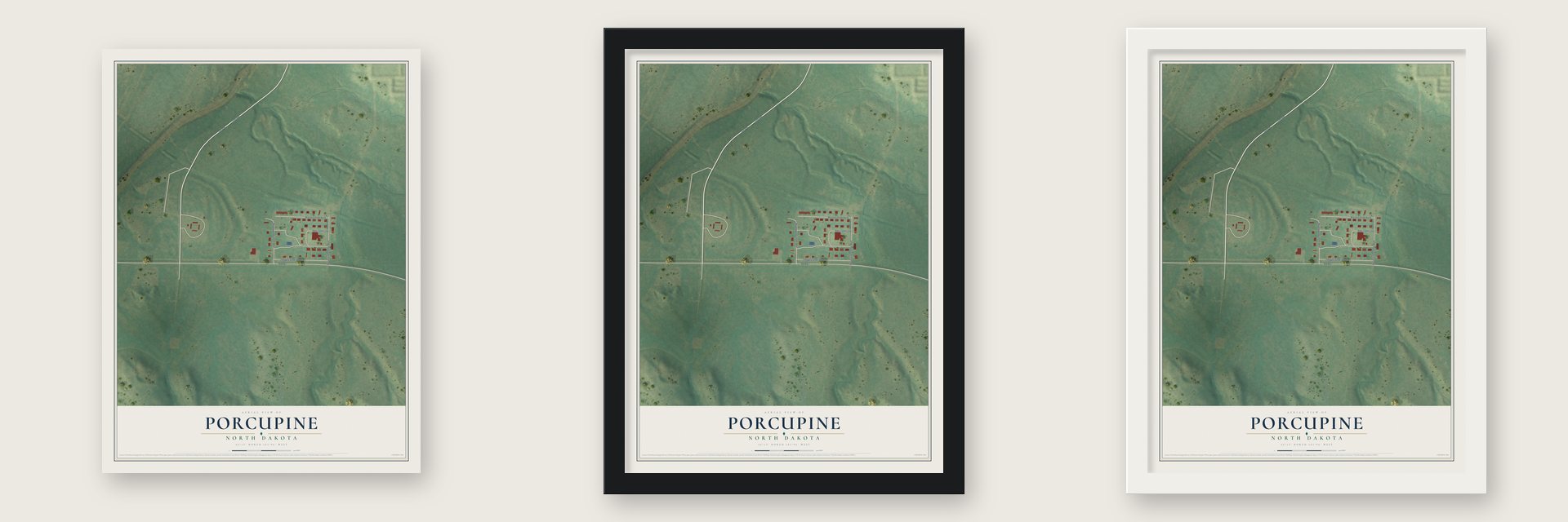 Porcupine, North Dakota map unframed, in a black wood frame and in a white wood frame
