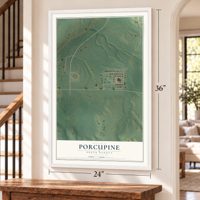 Porcupine, North Dakota map, 24 x 36 inch print in a white frame by a staircase