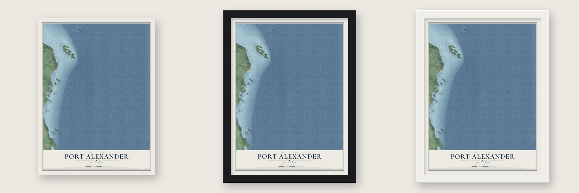 Port Alexander, Alaska map unframed, in a black wood frame and in a white wood frame