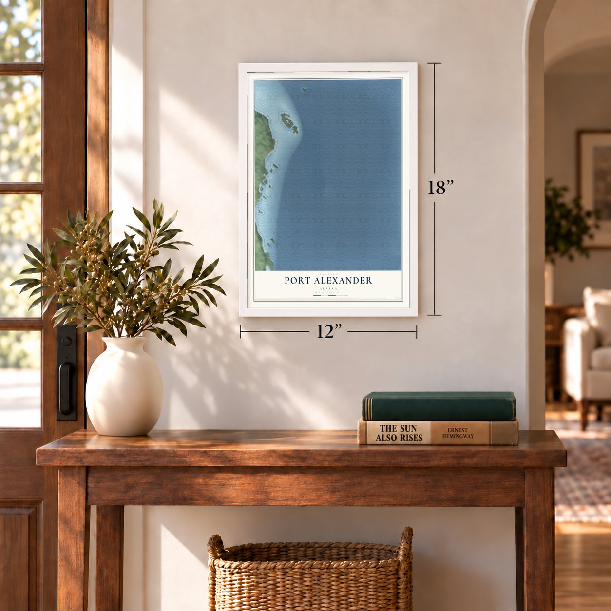 Port Alexander, Alaska map, 12 x 18 inch print in a white frame in an entryway