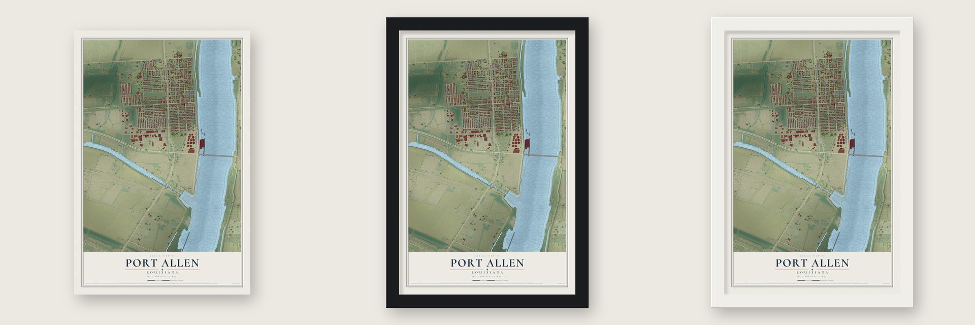 Port Allen, Louisiana map unframed, in a black wood frame and in a white wood frame