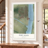 Port Allen, Louisiana map, 24 x 36 inch print in a white frame by a staircase