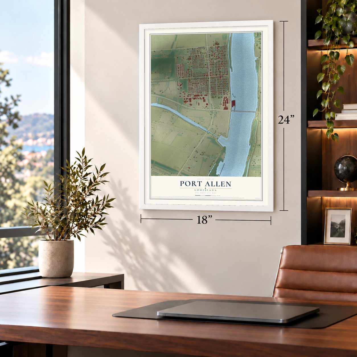 Port Allen, Louisiana map, 18 x 24 inch print in a white frame in a home office