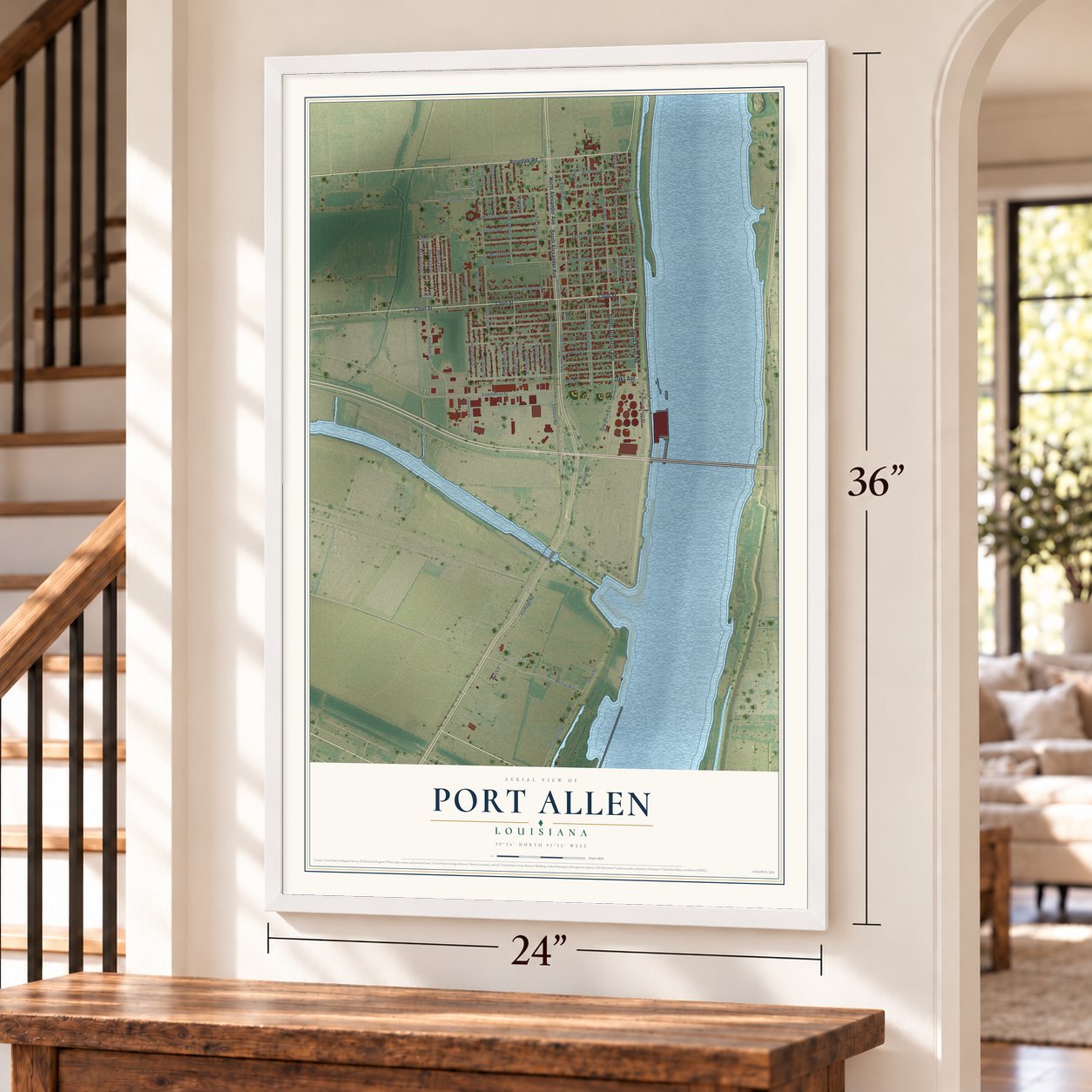 Port Allen, Louisiana map, 24 x 36 inch print in a white frame by a staircase