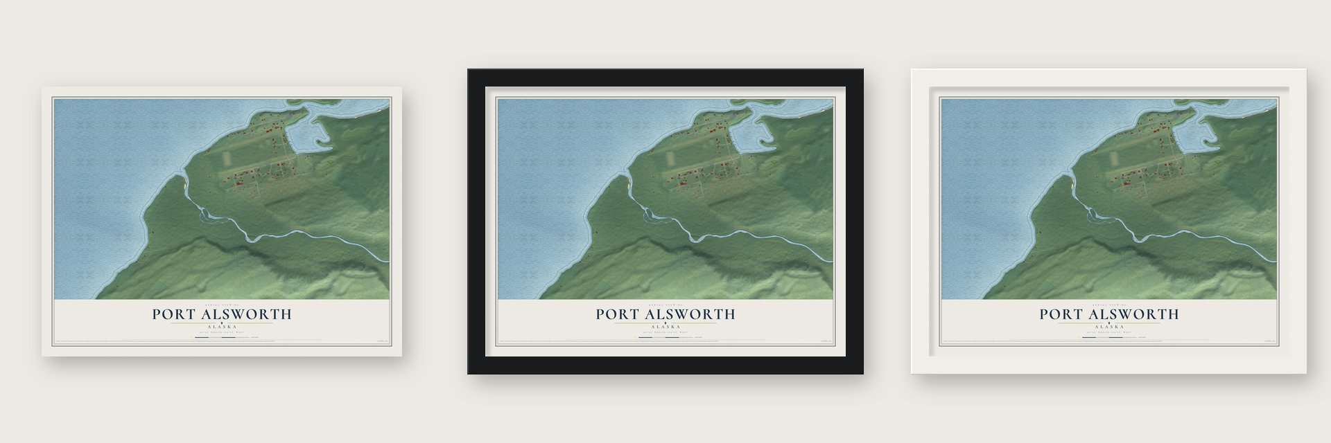 Port Alsworth, Alaska map unframed, in a black wood frame and in a white wood frame