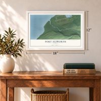 Port Alsworth, Alaska map, 12 x 18 inch print in a white frame in an entryway